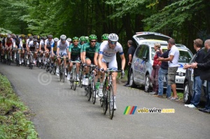 Tom Stamsnijder (Argos-Shimano) leading the peloton in the forest of Nédonchel (266x)