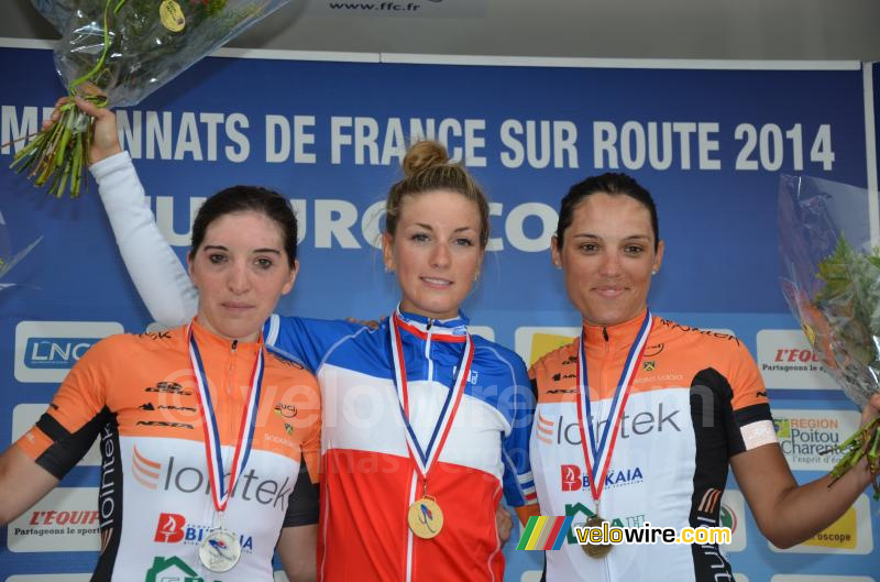 Het podium van de dameswedstrijd: Lesueur, Ferrand Prevot & Riberot (3)