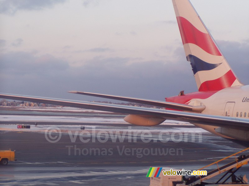 The tail end of the British Airways plane next to us