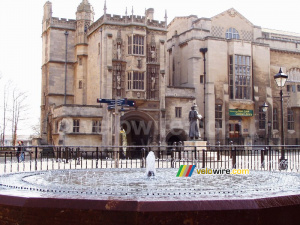Fountain in front of the statue of Raja Rammohun Roy and an old building (248x)