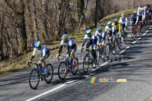 The Orica-GreenEDGE team leads the peloton on the col du Beau Louis (453x)