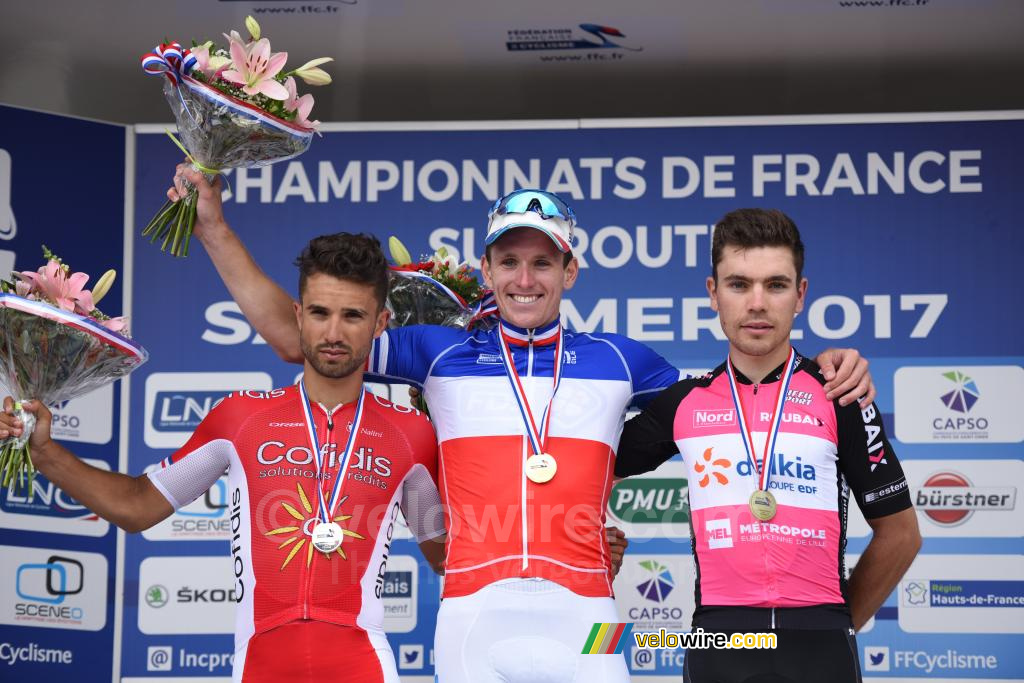 Het podium van het Franse kampioenschap 2017: Arnaud Démare, Nacer Bouhanni, Jérémy Leveau (2)