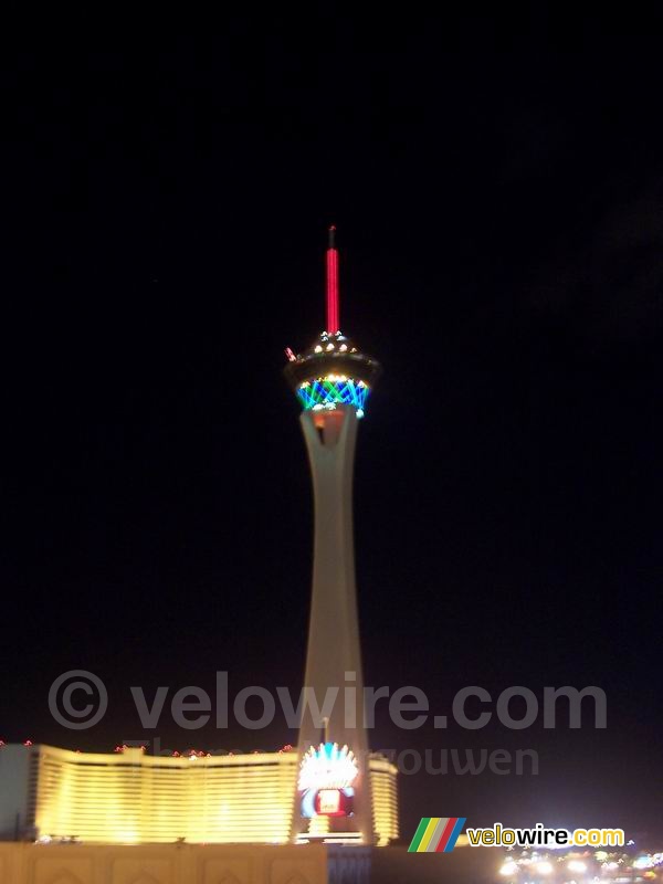 The tower of the Stratosphere Hotel, by night