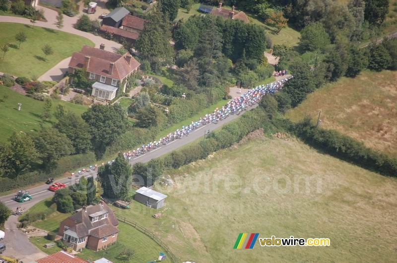 The pack of riders seen from the helicopter