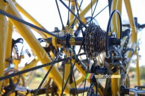 A zoom on a wheel of a bike on the Mavic car (4455x)