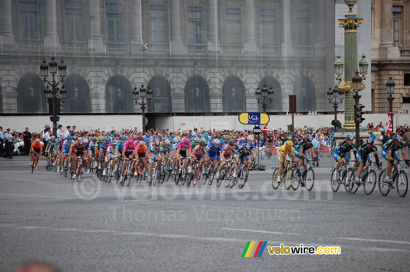 The first round for the riders with Alberto Contador and his team mates at the front