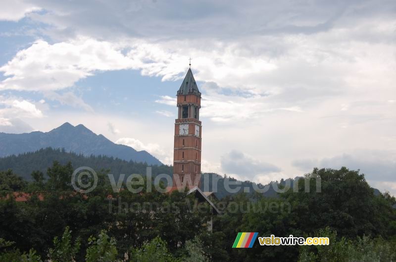 A church tower in the Italian Alps