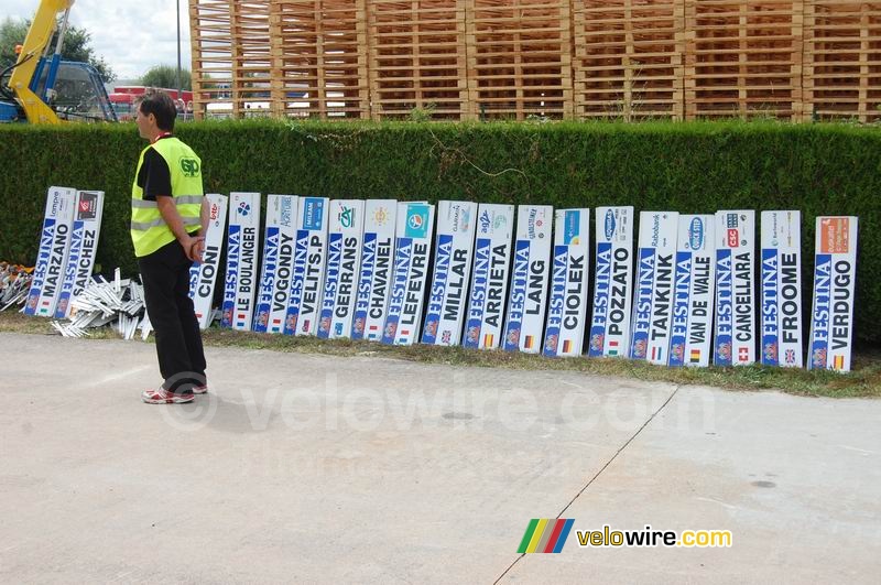 The riders' name plates at the finish in Saint-Amand-Montrond