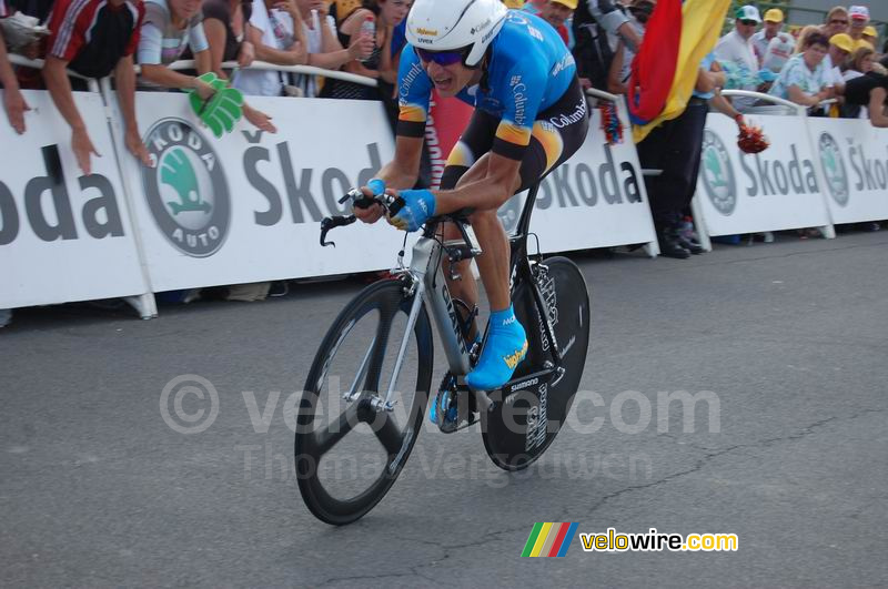 Konstantsin Tsiutsou (Columbia) at the finish in Saint-Amand-Montrond