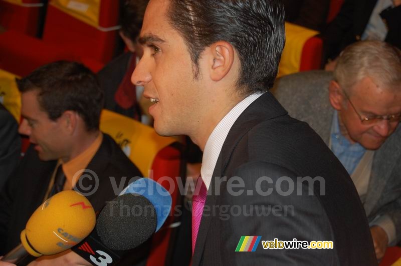 Alberto Contador (Astana) is being interviewed right after he entered the room