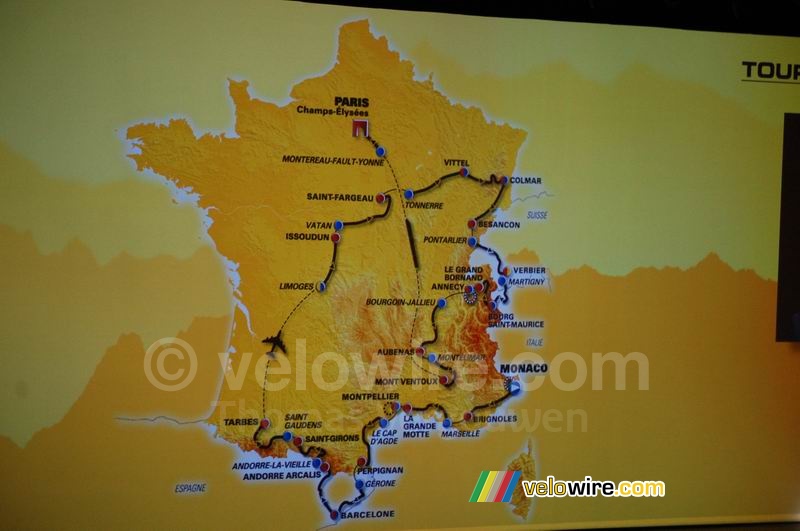 De kaart met het parcours en de etappes van de Tour de France 2009