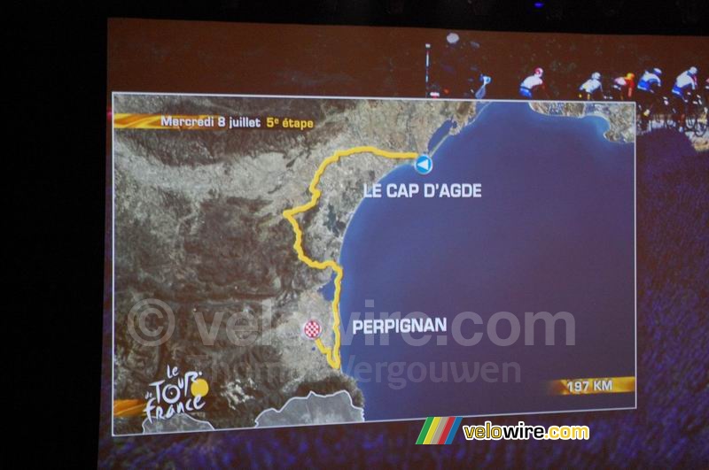 Parcours 5de etappe: Le Cap d'Agde > Perpignan (woensdag 8 juli, 197 km)