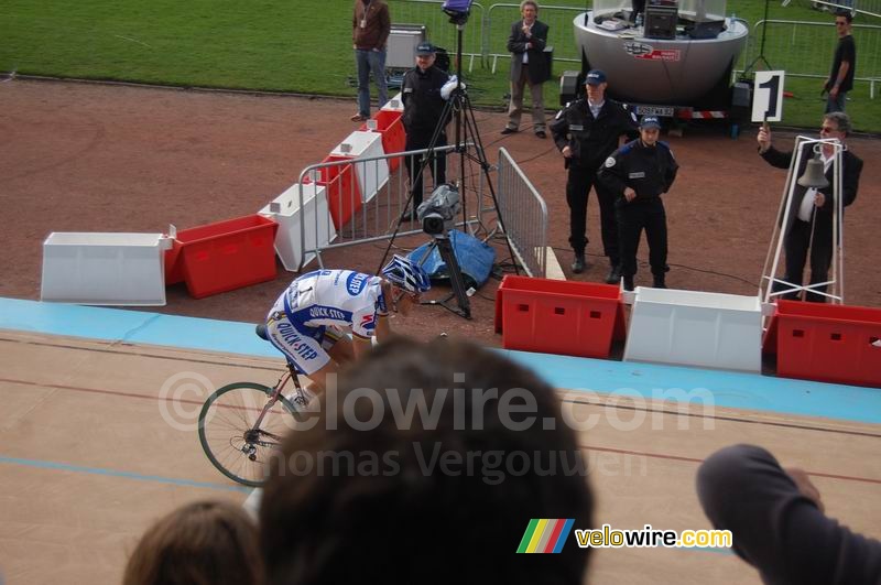Tom Boonen crosses the finish line for the first time