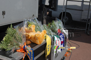 Le lion LCL pour le vainqueur du maillot jaune et les bouquets de fleurs (6310x)