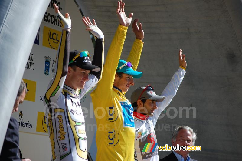 Het podium van het Critrium International 2010: 1/ Pierrick Fdrigo, 2/ Michael Rogers, 3/ Tiago Machado