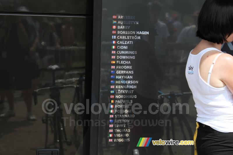 The names of the Team Sky riders on the bus