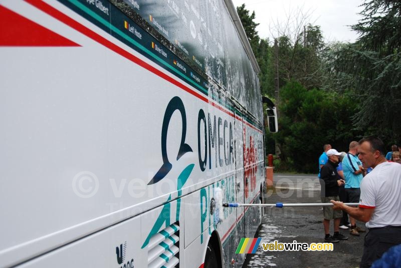 The Omega Pharma-Lotto bus is being washed