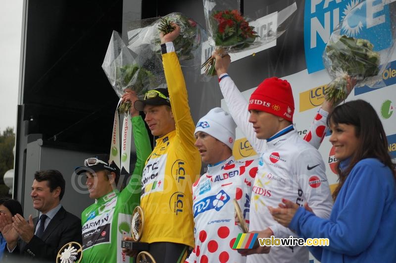 The podium of jerseys for Paris-Nice 2011 (2)