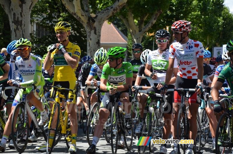 The yellow, green, white and polka dot jersey ready for the start